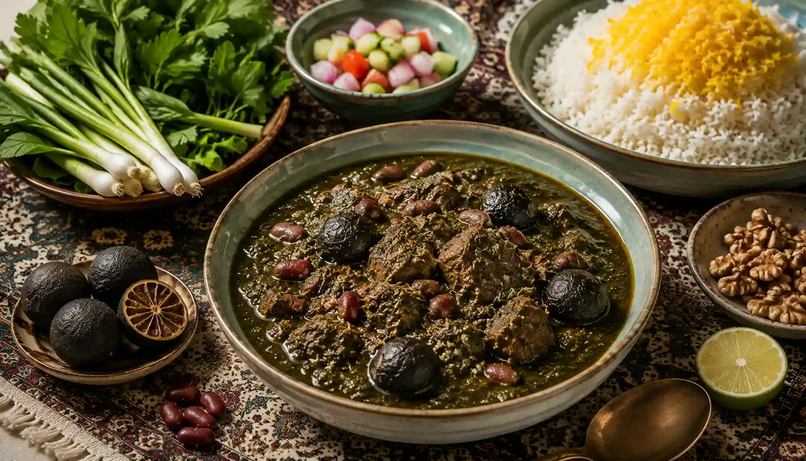 Ghormeh Sabzi (قورمه سبزی), klassisches persisches Kr&auml;uter-Schmorgericht mit Kidneybohnen, Limoo Amani und zart geschmortem Fleisch.
