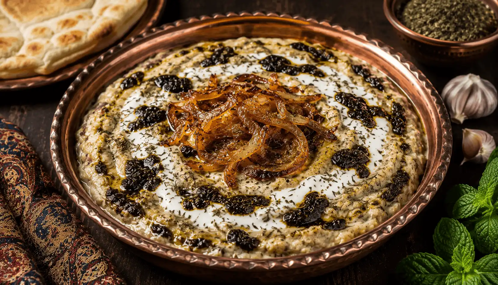 Kashk Bademjan mit Kashk, gebratenen Zwiebeln und Minz&ouml;l in einer persischen Servierschale