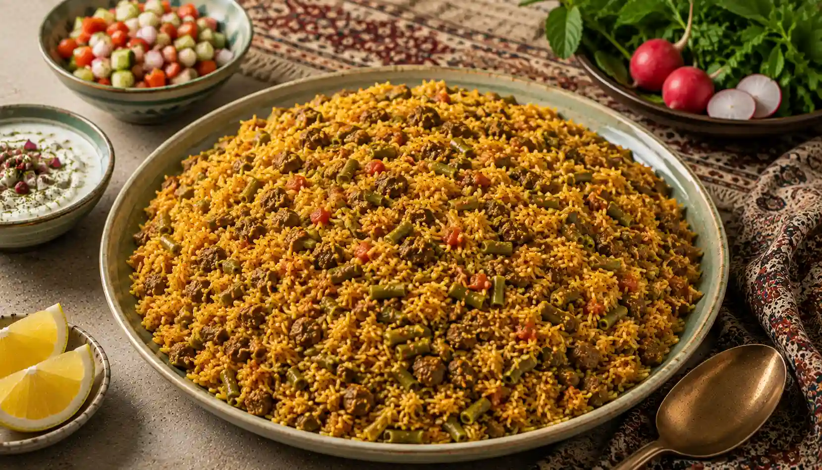 Lubia Polo (لوبیا پلو), klassischer persischer Reis mit gr&uuml;nen Bohnen, Fleisch, Safran und aromatischen Gew&uuml;rzen.