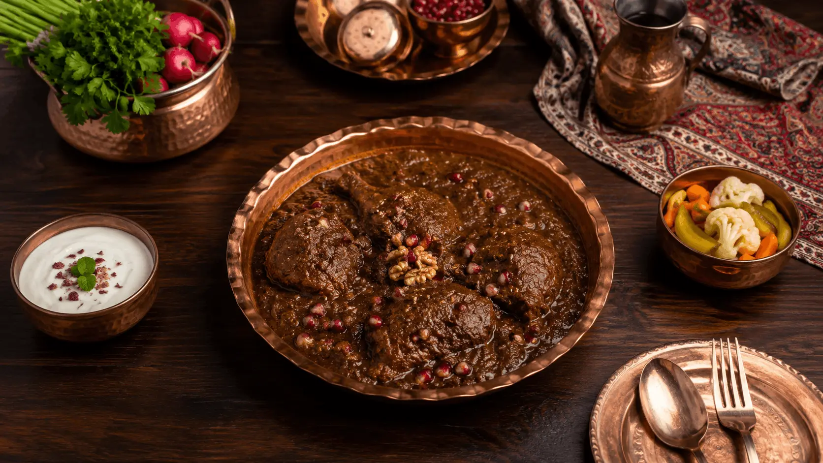Fesenjan mit H&auml;hnchen, Waln&uuml;ssen und Granatapfelsauce