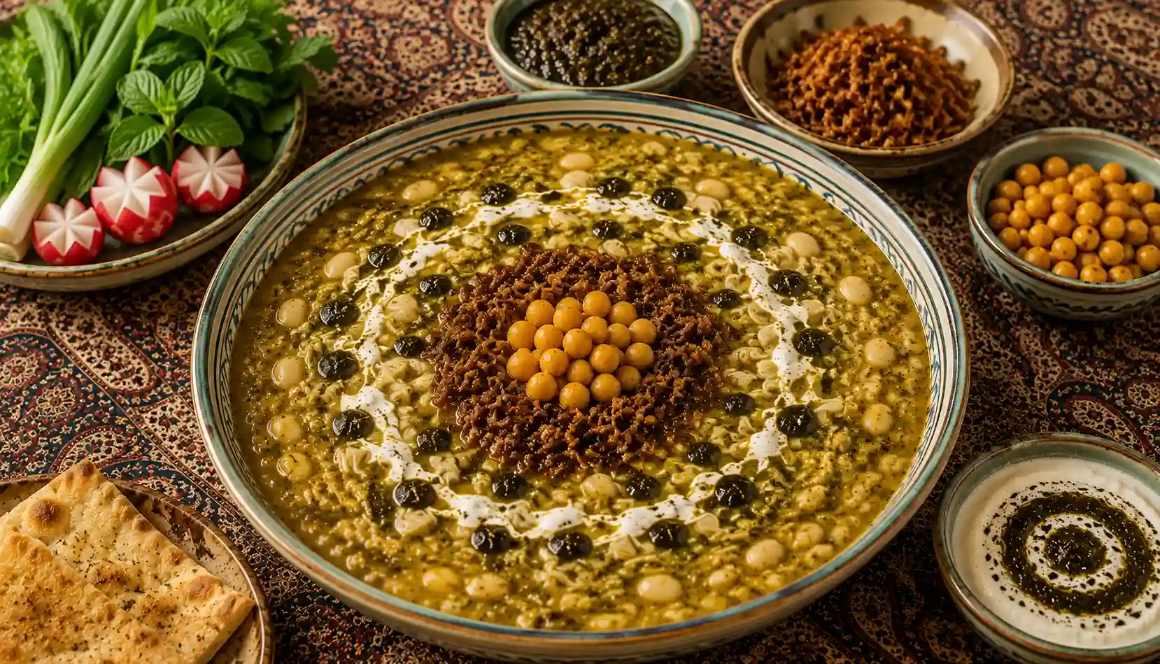 Ash-e Sholeh Ghalamkar (آش شله قلمکار), traditioneller persischer Ash mit Fleisch, Kichererbsen, Kidneybohnen, Linsen und Kr&auml;utern.