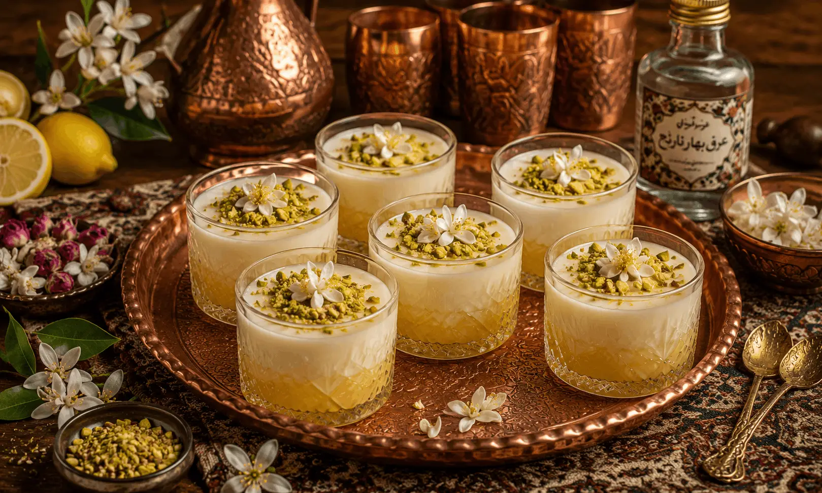 Cremiges Zitronen-Dessert im Glas mit Orangenbl&uuml;ten-Destillat, Kardamom und knusprigen Minoo Sagheh Talai Keksen.