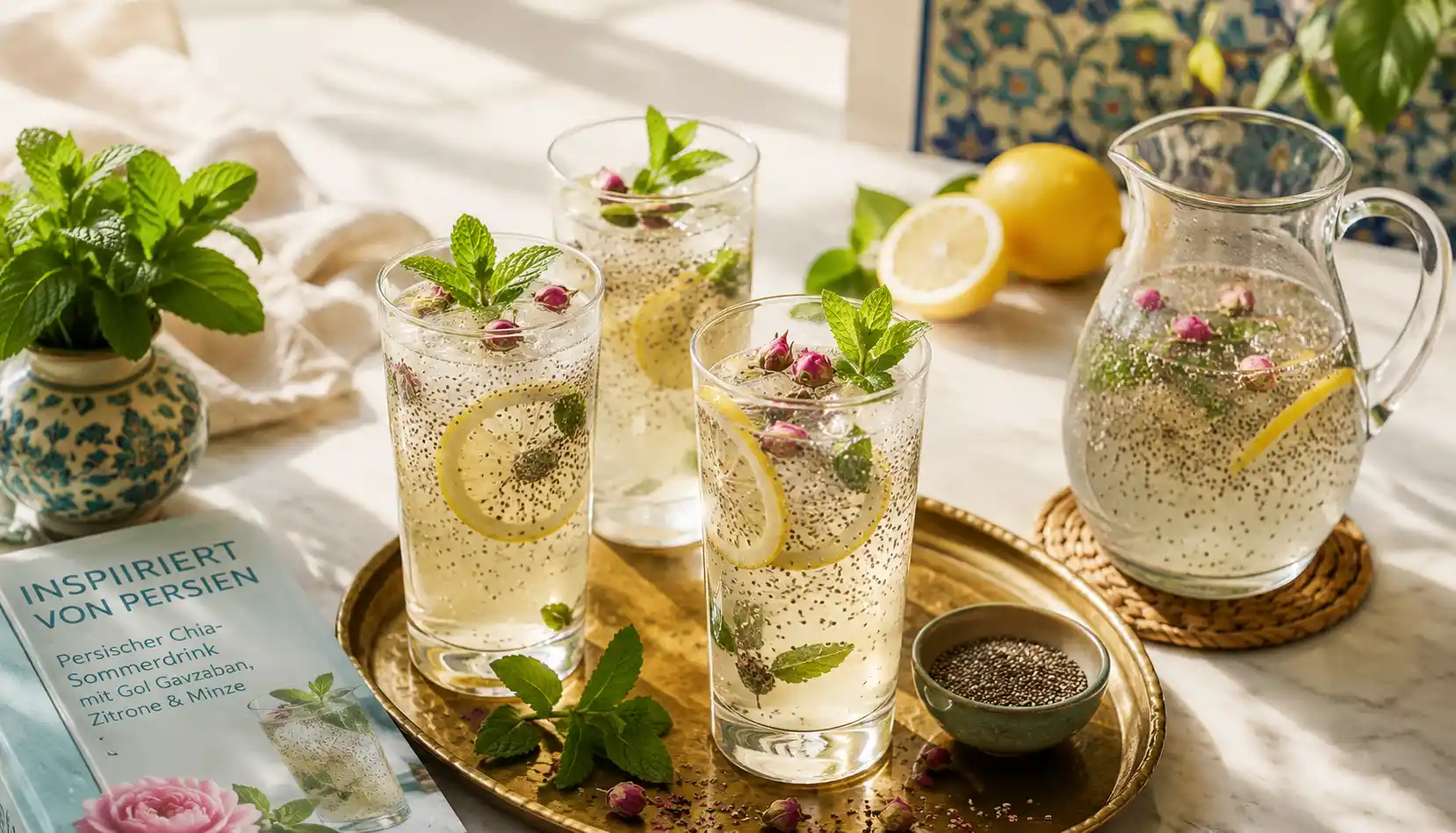 Persisch inspirierter Chia-Sommerdrink mit Gol Gavzaban, Zitrone, Minze und Tokhmeh Sharbati auf Eis.