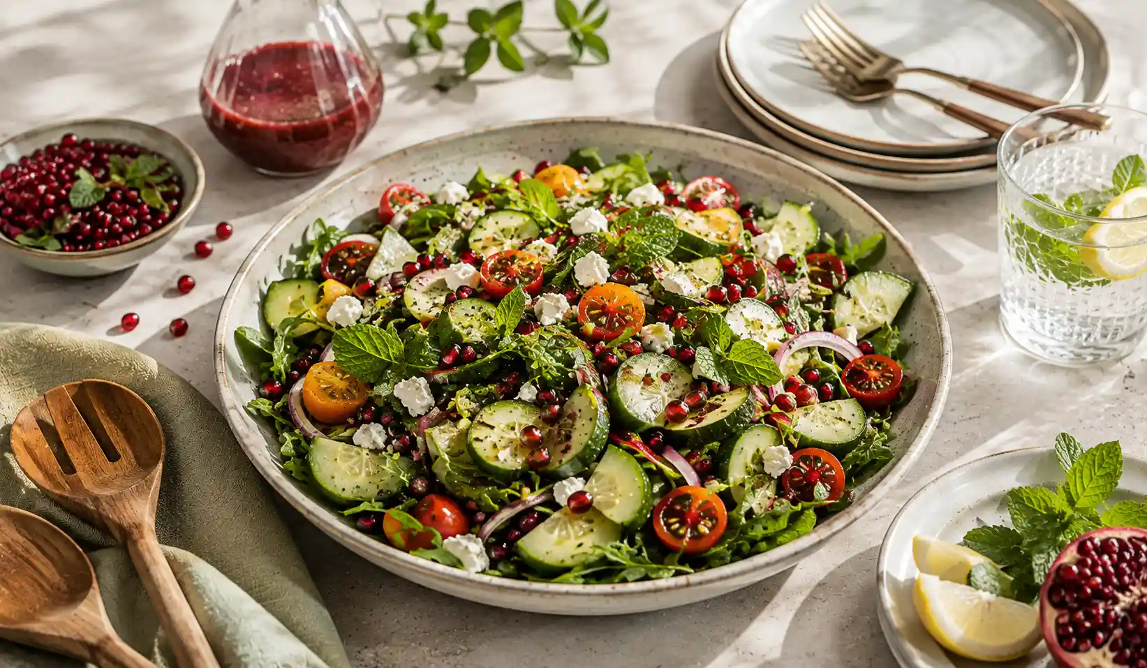 Frischer Sommersalat mit Feta, Granatapfel-Dressing, Minze und Sumach.