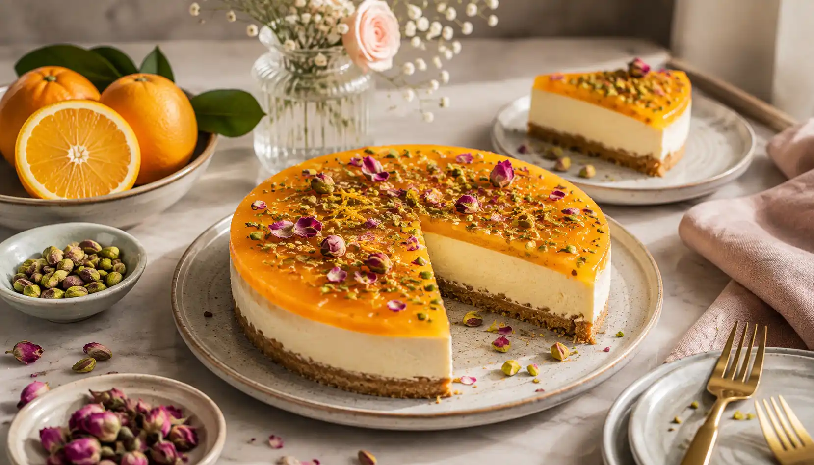 Cremiger Orangen-Cheesecake mit Rosenwasser, Pistazien-Splittern und knusprigem Keksboden.