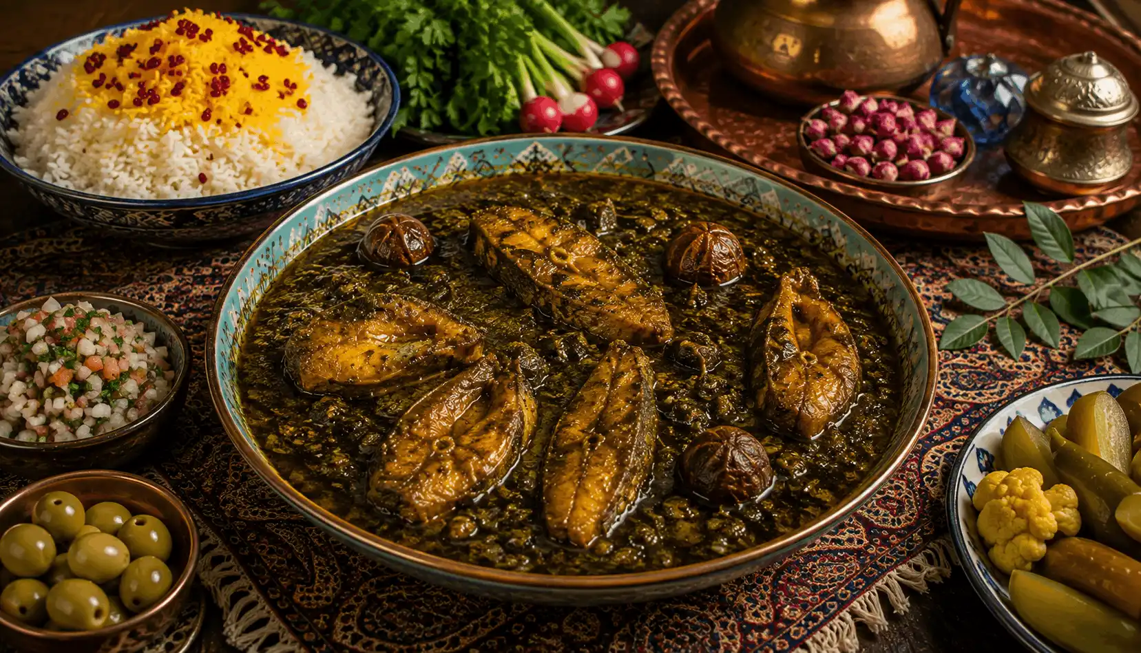 Ghalieh Mahi (قلیه ماهی), traditionelles Fischragout aus dem S&uuml;den Irans mit Tamarinde und Kr&auml;utern.