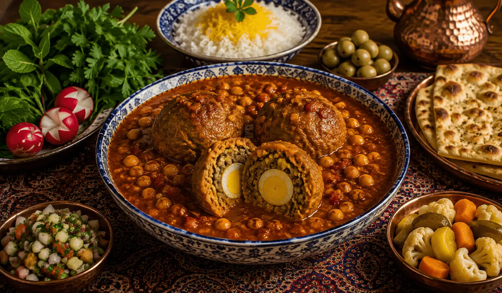 Kufteh Tabrizi (کوفته تبریزی), traditionelle gef&uuml;llte Fleischkl&ouml;&szlig;e aus T&auml;bris in w&uuml;rziger Sauce.